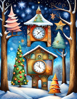 Illustrated winter scene with clock towers, Christmas trees, stars and snow in warm and cool tones