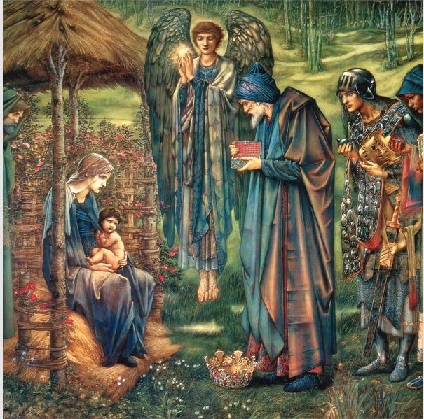 Angel appearing to Mary, Joseph and infant Jesus with three wise men in nativity scene painting