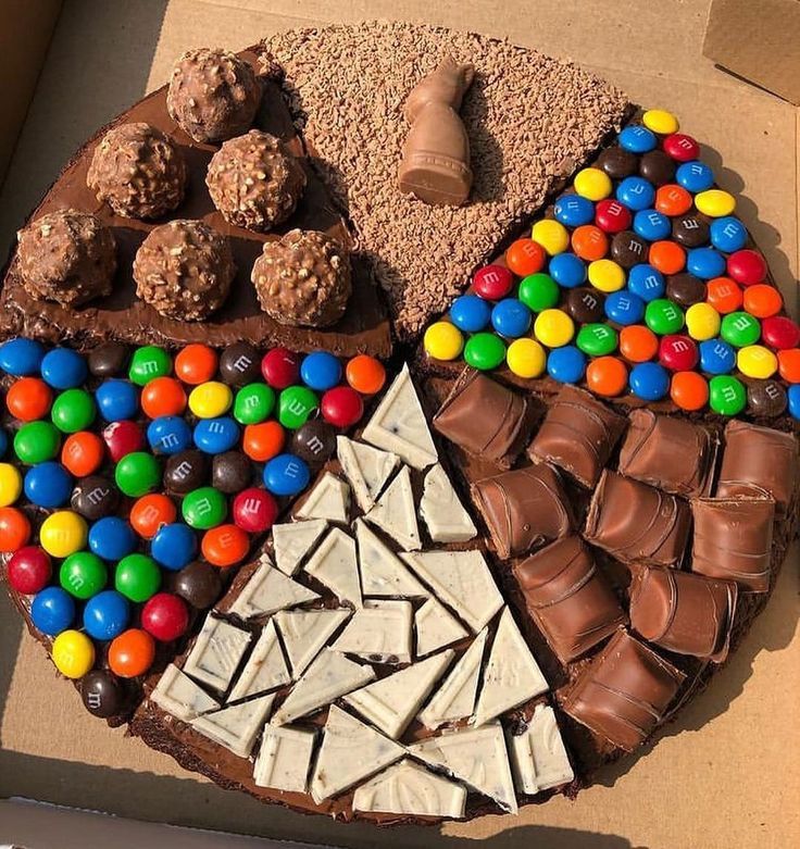 Round platter with assorted chocolate desserts including brownies, colorful candies, and chocolate pieces