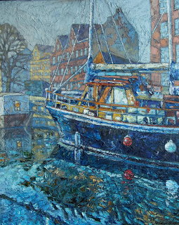 Impressionist oil painting of a blue and yellow boat docked in a Copenhagen canal with colorful buildings behind