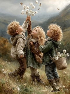 Painting of three curly-haired children releasing dandelion seeds in a mountain meadow
