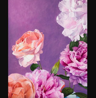 Painting of pink and peach roses and peonies on a purple background