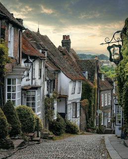 Narrow cobblestone street lined with old houses in a quiet hillside village