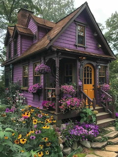 Purple Victorian cottage with colorful flower garden and yellow door