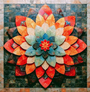 Quilted fabric art with layered star flower in orange, blue, and teal petals on patchwork background