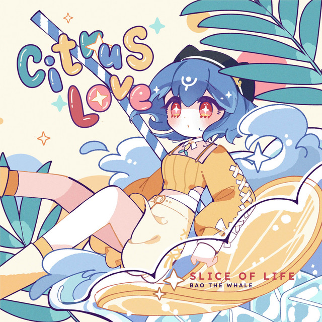 Anime girl with blue hair sitting beside orange slices and tropical leaves in pastel colors