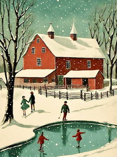 Vintage illustration of people ice skating on a frozen pond near a red barn in winter snow