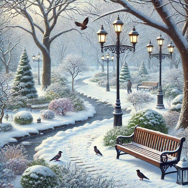 Snow-covered park path with benches, lampposts, trees, and birds in winter