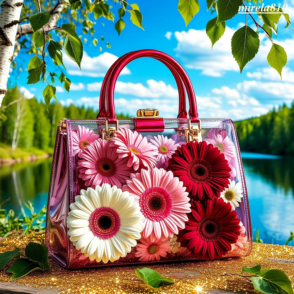 Transparent pink handbag with gerbera daisies by a lake with green trees and blue sky