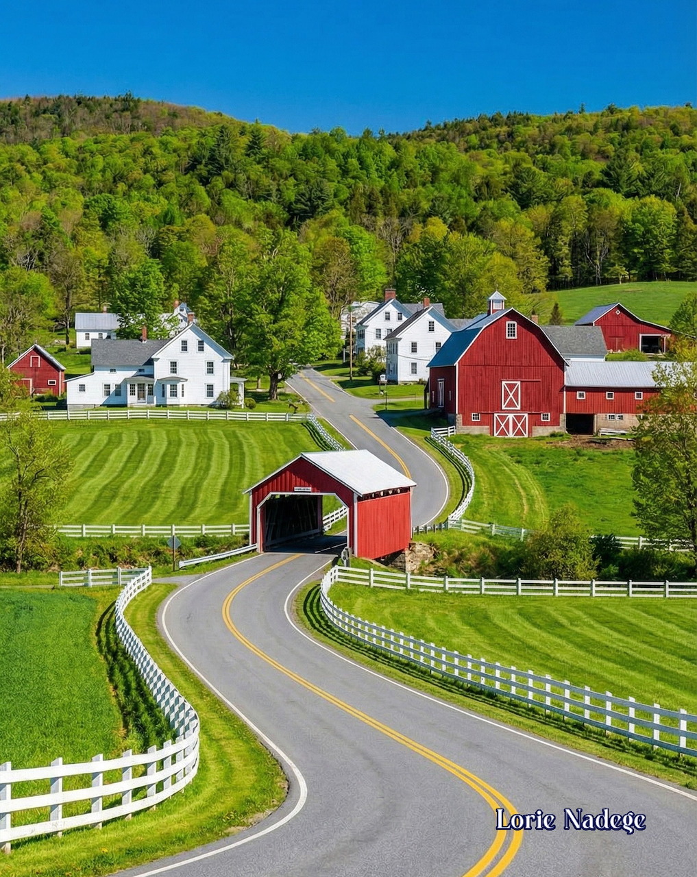 Red covered bridge on winding road through New England farm with white house, barn, and rolling green hills