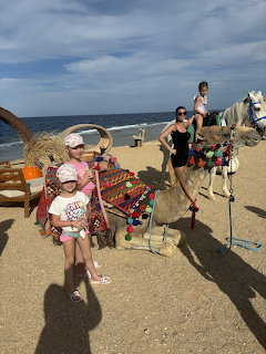 Two children on a sandy beach beside decorated riding animals near the sea under a cloudy sky.