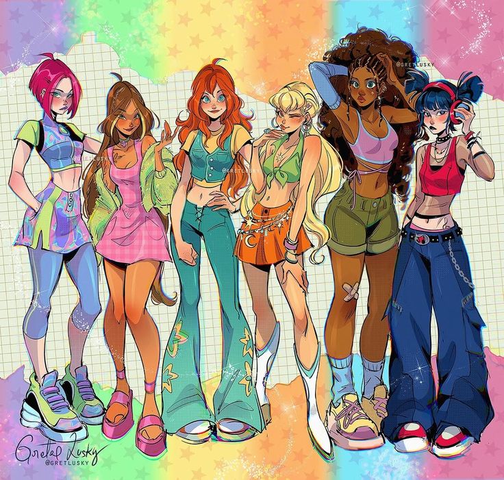 Seven diverse anime girls in colorful casual outfits standing in a row against a rainbow gradient background
