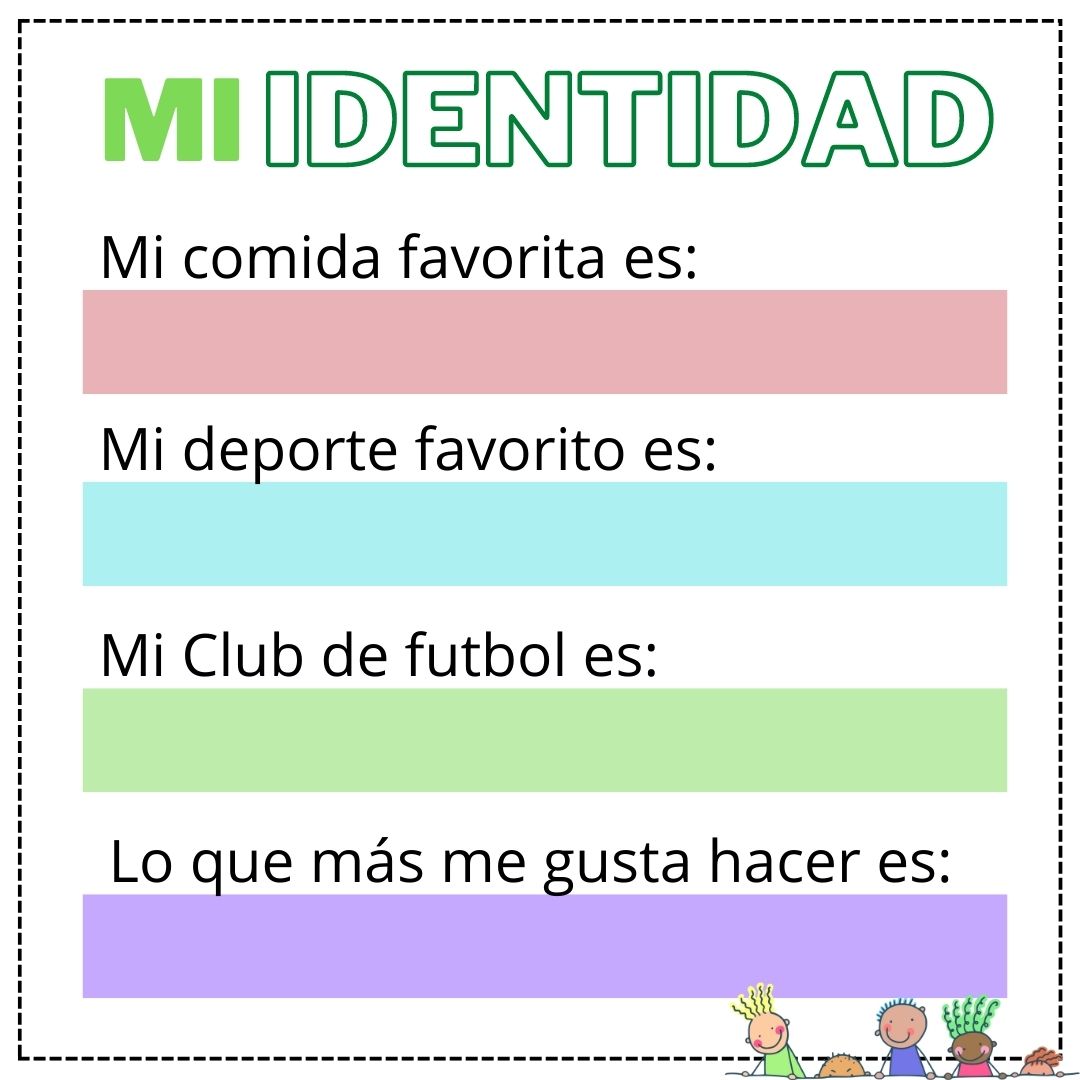 Spanish 'Mi Identidad' worksheet with pastel blank answer boxes