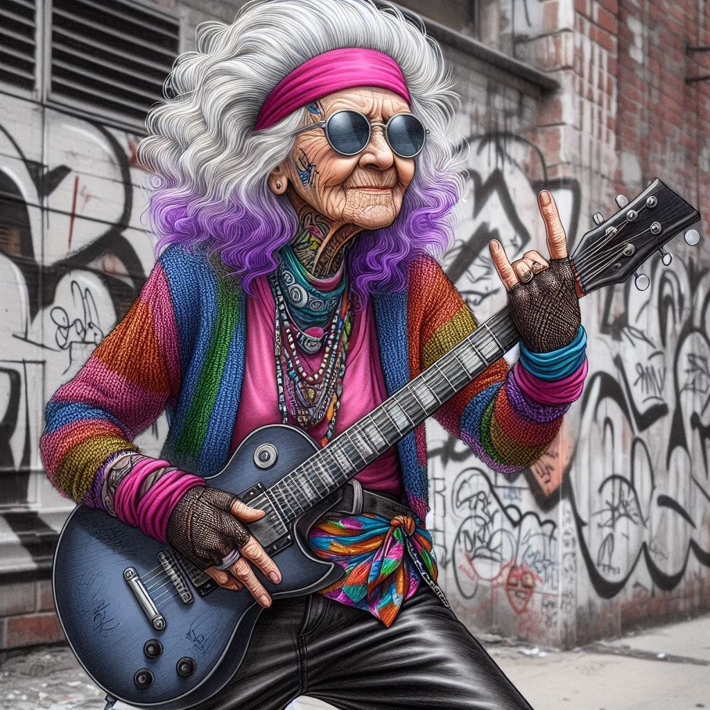 Elderly woman with white hair in vibrant outfit playing black electric guitar outdoors with graffiti background
