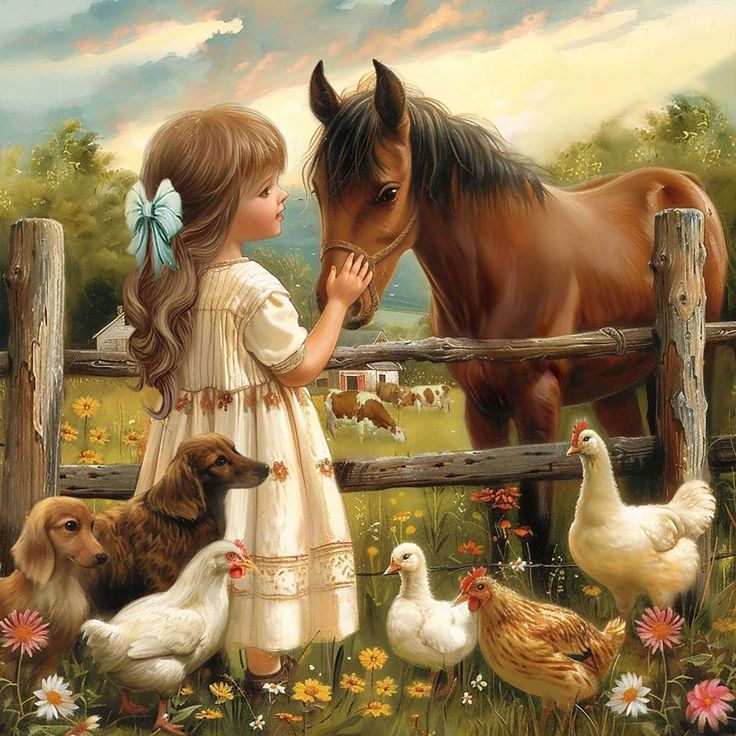 Young girl in cream dress reaching to touch brown horse over fence, with farm animals and flowers around them