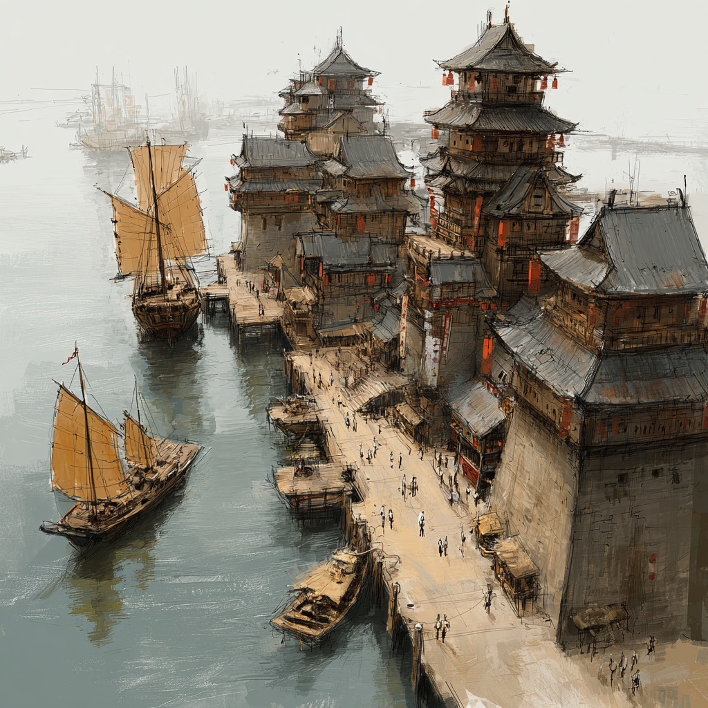 Painting of an ancient harbor with pagoda-style buildings, docks, and sailboats on calm water