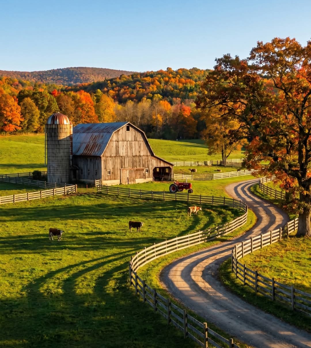 Rustic barn with silo on pastoral farm, surrounded by autumn trees and winding country road with white fences