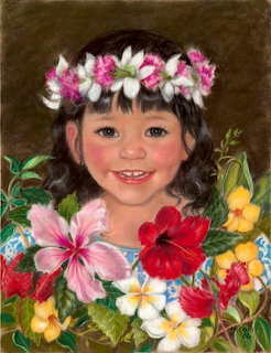 Painting of a smiling young girl with brown hair wearing a flower crown surrounded by colorful tropical flowers