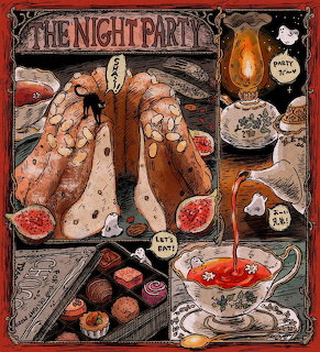 Vintage illustration of cakes, figs, sweets, tea, and an oil lamp with spooky details