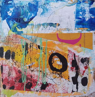 Abstract mixed media collage with blue, orange, pink and yellow layers, circular shapes and textured patterns