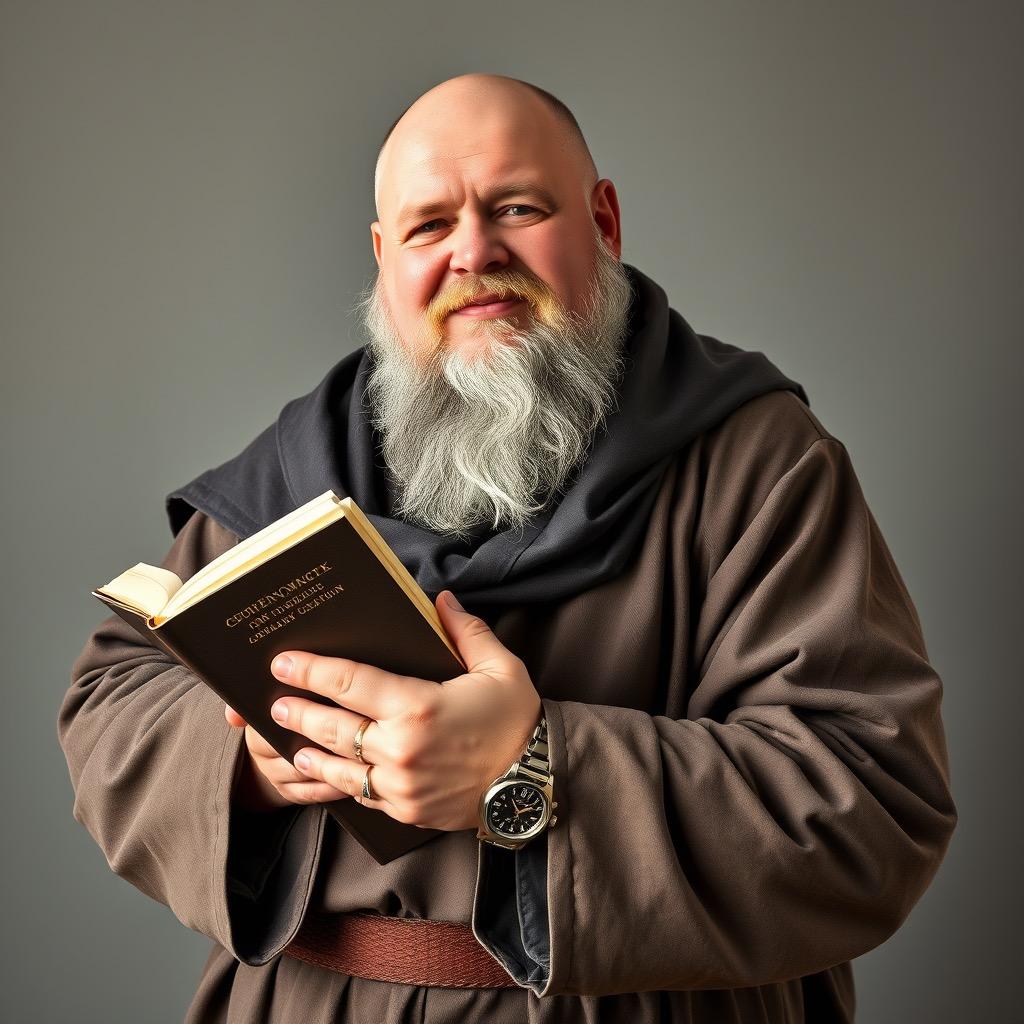 Smiling bearded monk in brown hooded robe holding open book