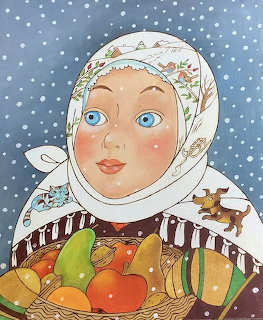 Illustration of a rosy-cheeked girl in a floral headscarf with snow falling on a blue background