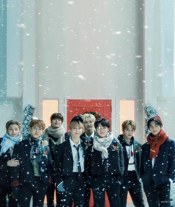 Seven young men in dark winter coats standing together outdoors in falling snow
