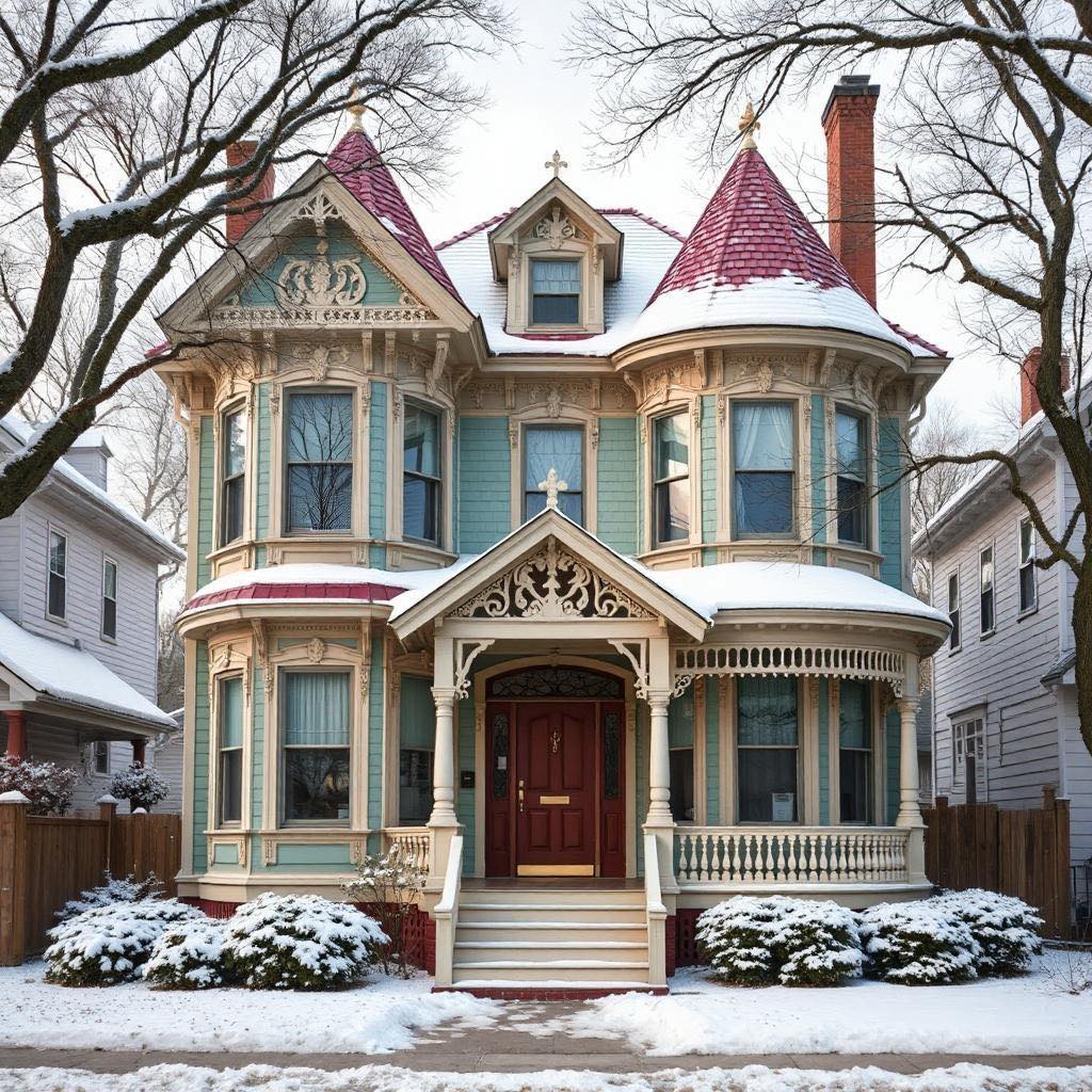 Snow-covered Victorian house with turret, ornate trim, and front porch in winter setting
