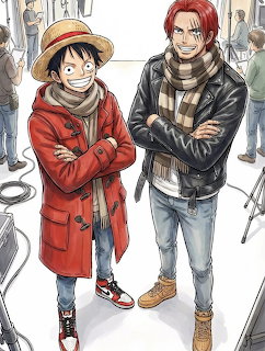 Two anime characters in winter coats and scarves standing together on a snowy street