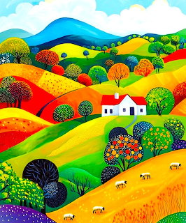 Colorful rolling hills with patchwork fields, trees, cottage, and sheep in bright rainbow stripes