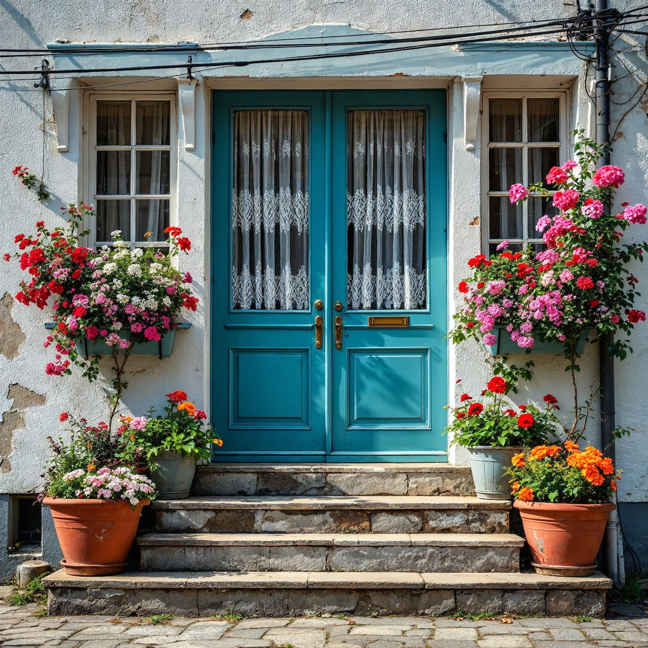 Cottage entrance with turquoise doors, lace curtains, flower baskets, and climbing roses on white walls