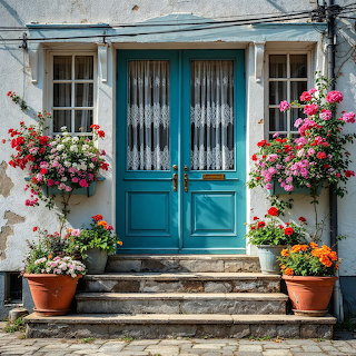 Turquoise Door Flower Cottage Entrance