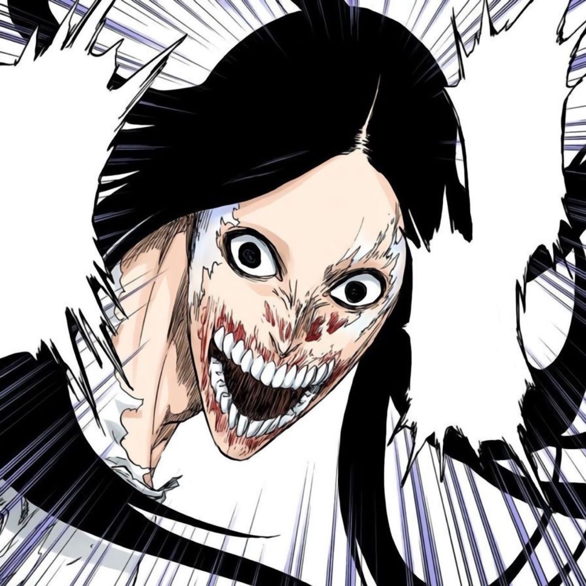 Horror anime character with long black hair, bulging eyes, and a wide unnerving grin