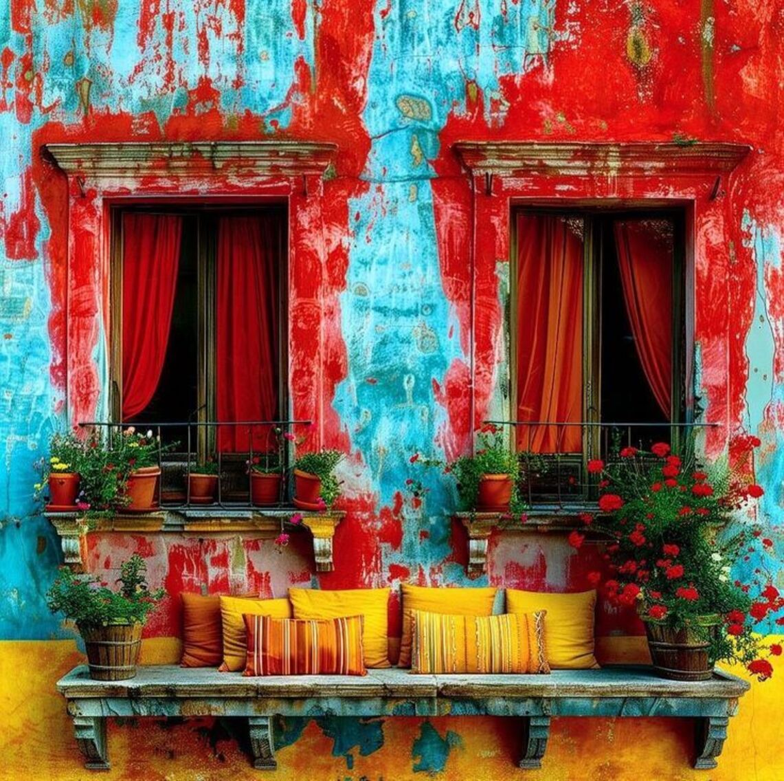 Colorful weathered building facade with two windows, red curtains, and flower pots on yellow balcony railing
