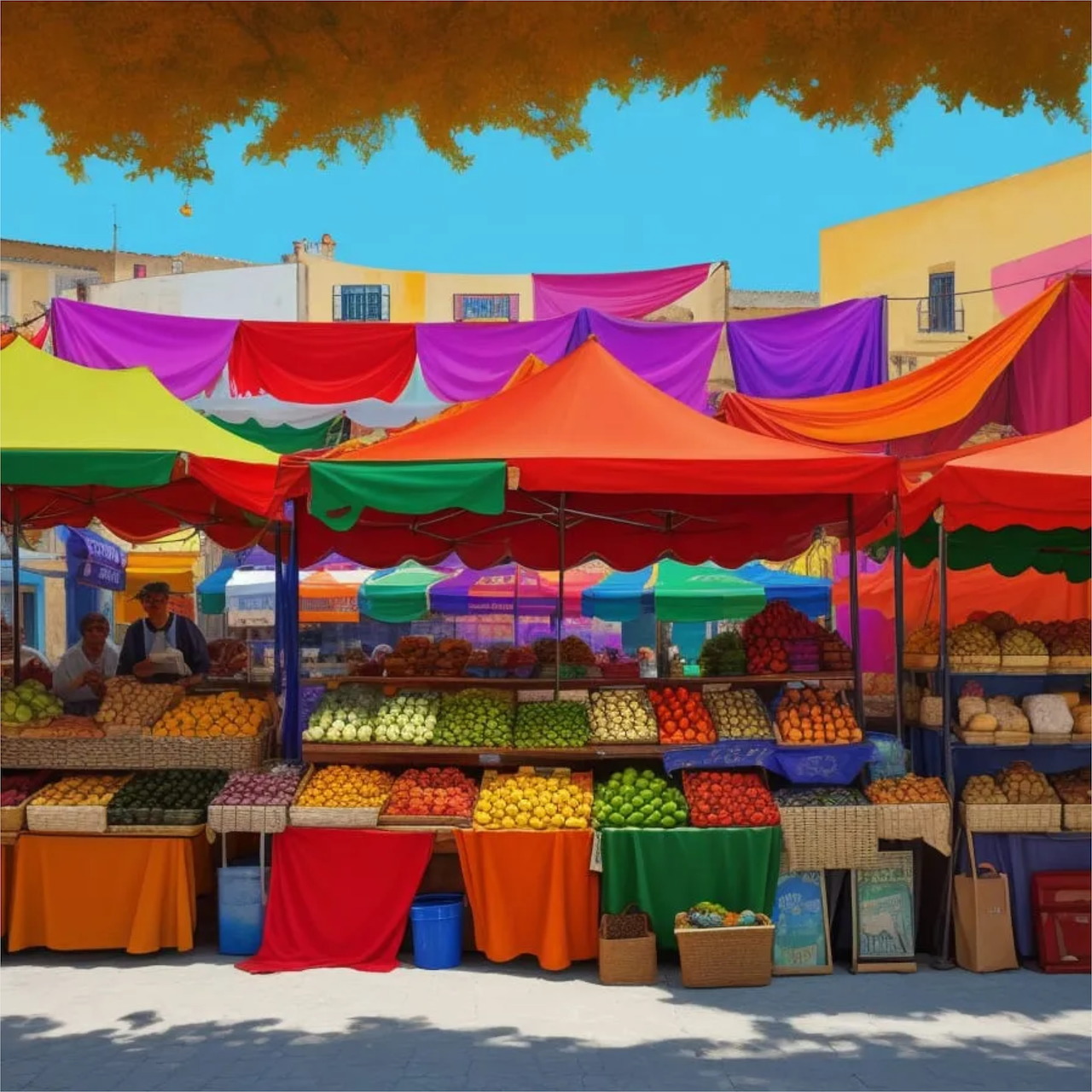 Colorful outdoor market stalls with bright tents and rows of fruits and vegetables