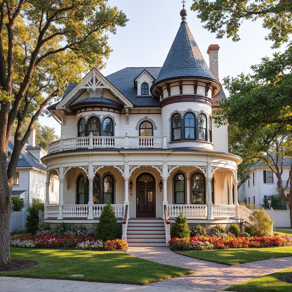 Victorian house with turret, wraparound porch, and ornate architectural details surrounded by fall foliage