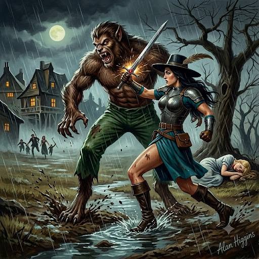 Fantasy illustration of a woman fighting a werewolf with a sword in the rain at night