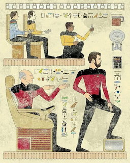 Star Trek characters illustrated as ancient Egyptian hieroglyphic figures on papyrus with hieroglyphic symbols