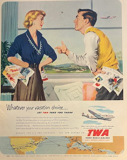 Vintage 1950s TWA airline advertisement with couple discussing travel plans, featuring illustrated planes and vacation scenes