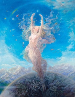 Ethereal woman with antlers rising through blue sky and clouds above mountains in fantasy art style