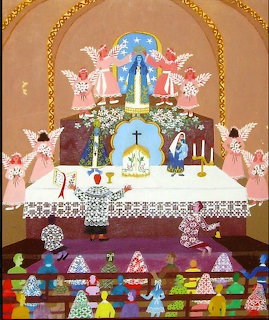 Naive art painting of a church altar with angels, a priest, and colorful congregation
