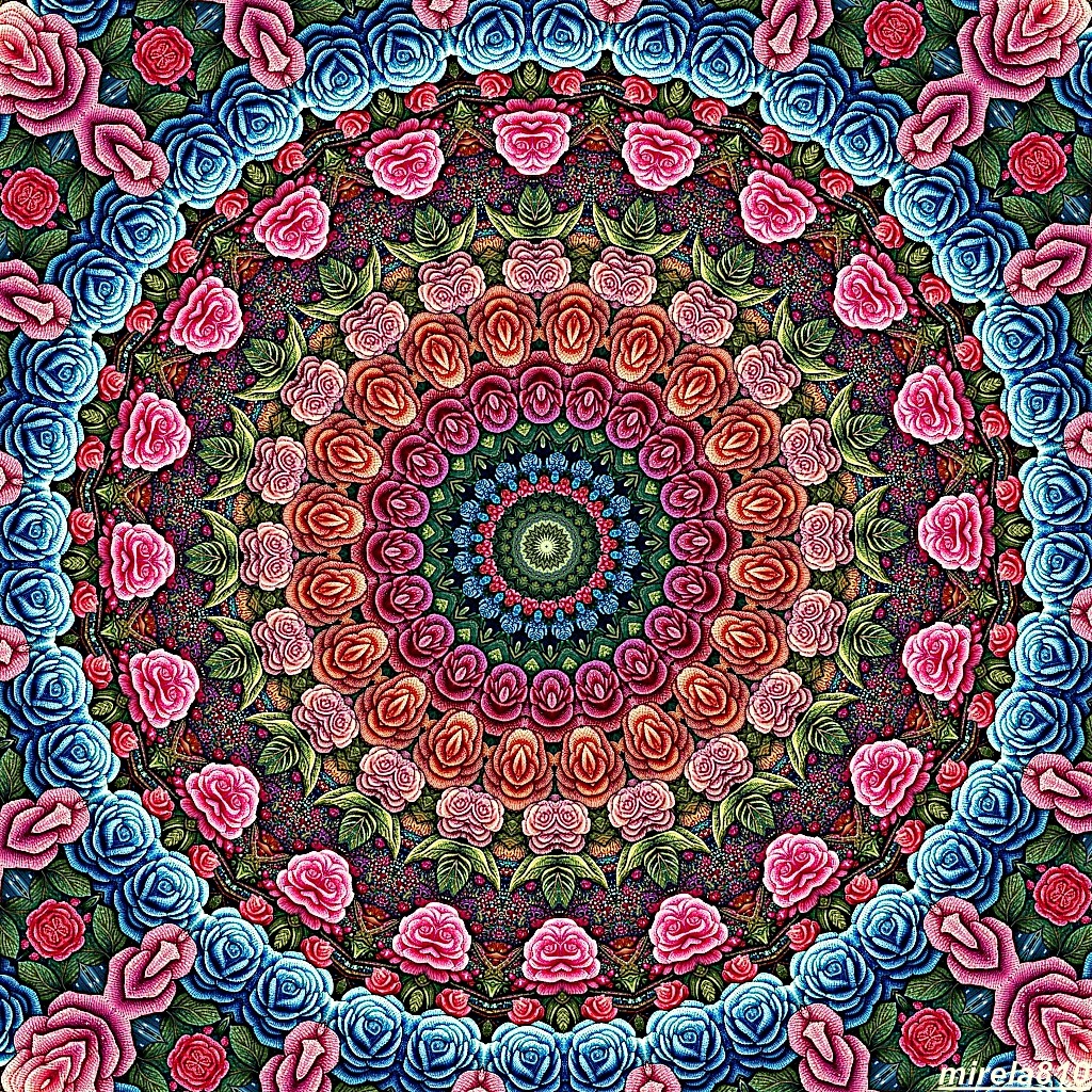 Circular mandala with pink roses and blue flowers in symmetrical pattern