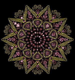 Ornate mandala with gold and purple geometric patterns on black background