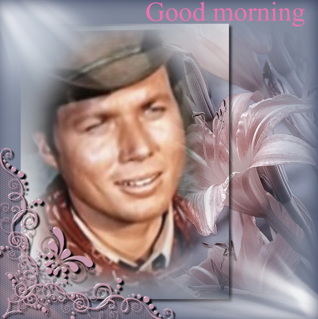 Soft-focus portrait of a man with pink floral abstract background and Good morning text