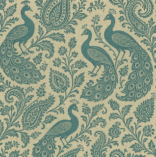 Teal peacock and paisley decorative pattern on beige background with floral scrollwork