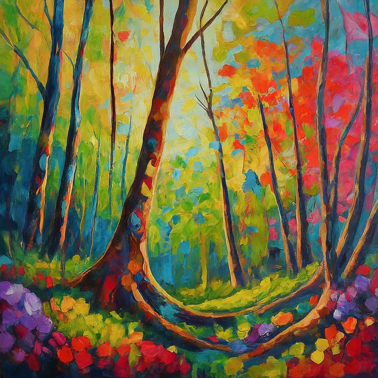 Colorful impressionist painting of forest trees with vibrant yellow, green, orange, and red leaves