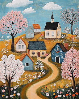 Folk art painting of village houses, church with steeple, pink flowering trees, and winding dirt road