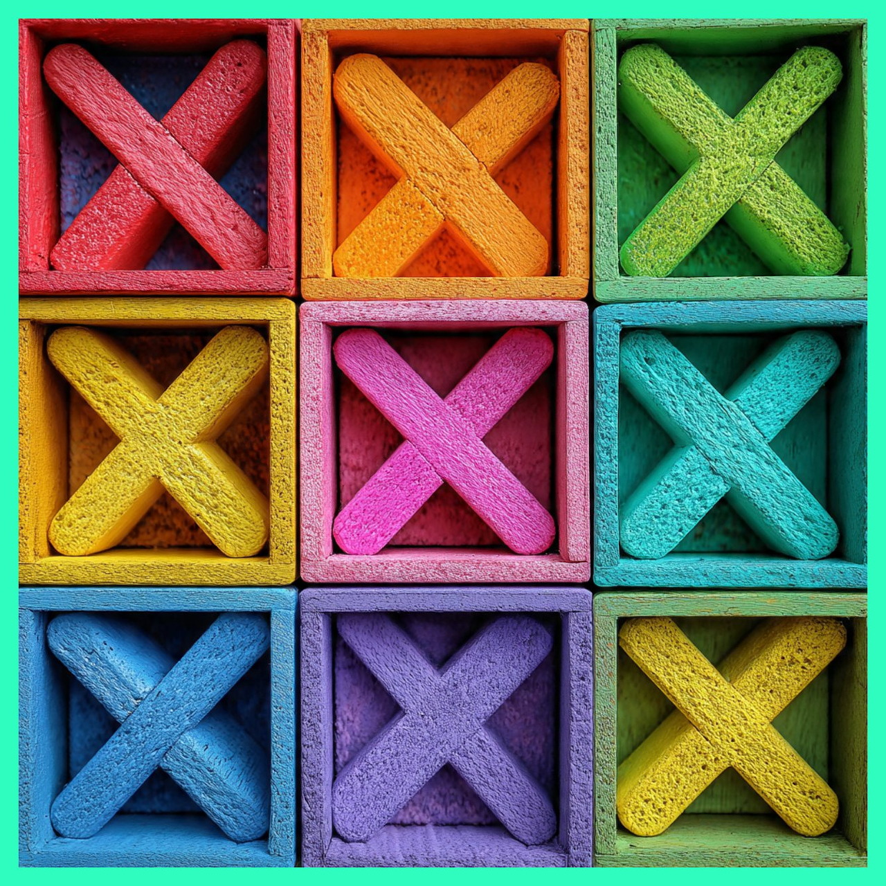 Nine colorful X-shaped objects in a 3x3 grid of compartments, each a different bright color