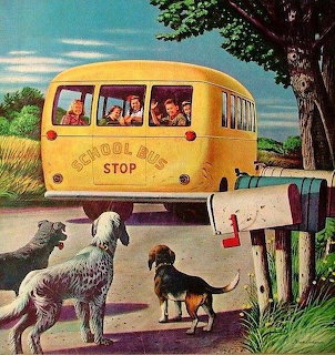 Illustration of three dogs watching kids through the window of a yellow school bus at a rural stop