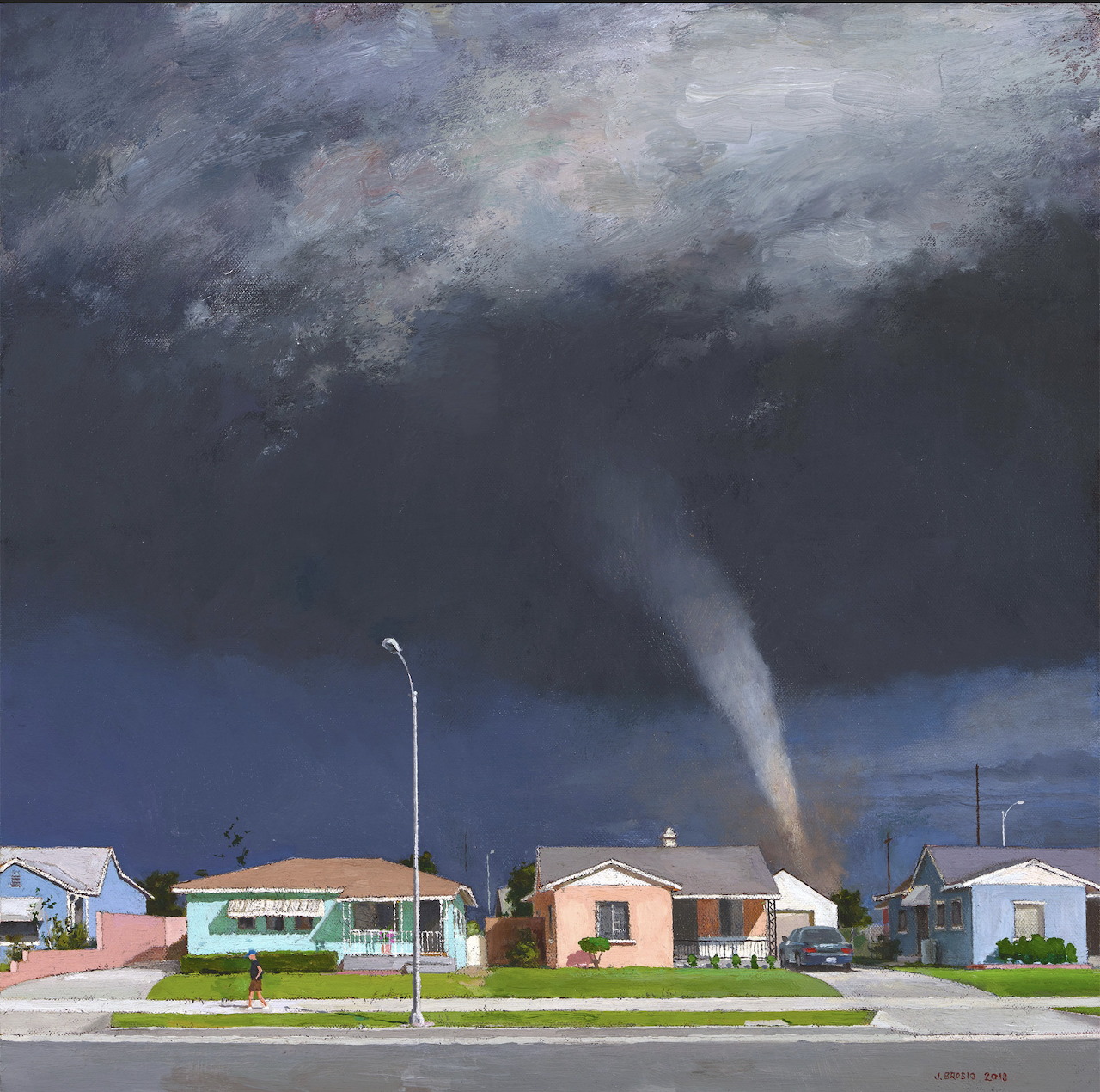 Painting of a tornado funnel beside suburban houses under dark storm clouds